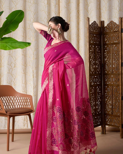 Pink Muga Cotton Jamdani Saree with Multicolour Flower Pallu