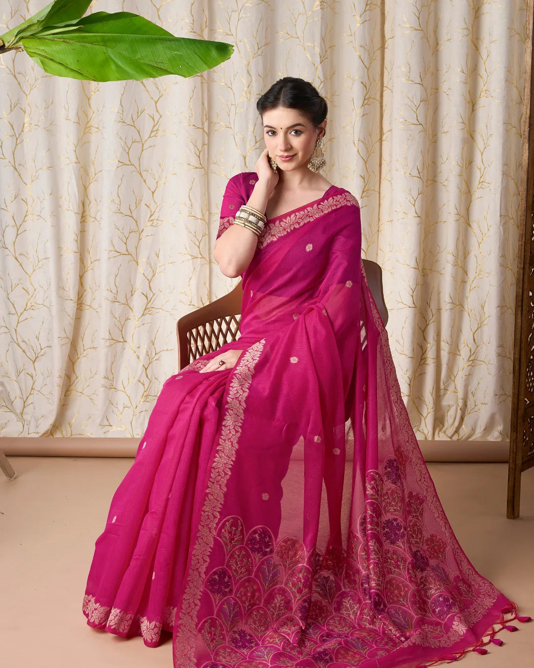 Pink Muga Cotton Jamdani Saree with Multicolour Flower Pallu