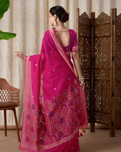 Pink Muga Cotton Jamdani Saree with Multicolour Flower Pallu