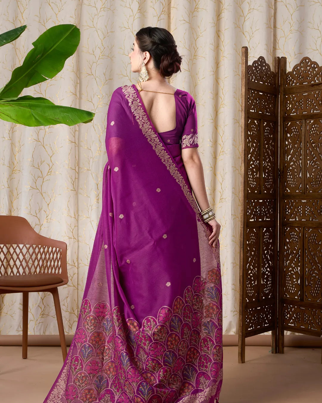 Wine Muga Cotton Jamdani Saree with Multicolour Flower Pallu