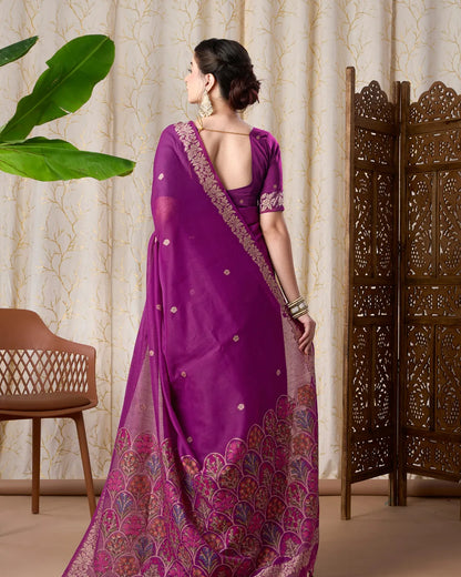 Wine Muga Cotton Jamdani Saree with Multicolour Flower Pallu
