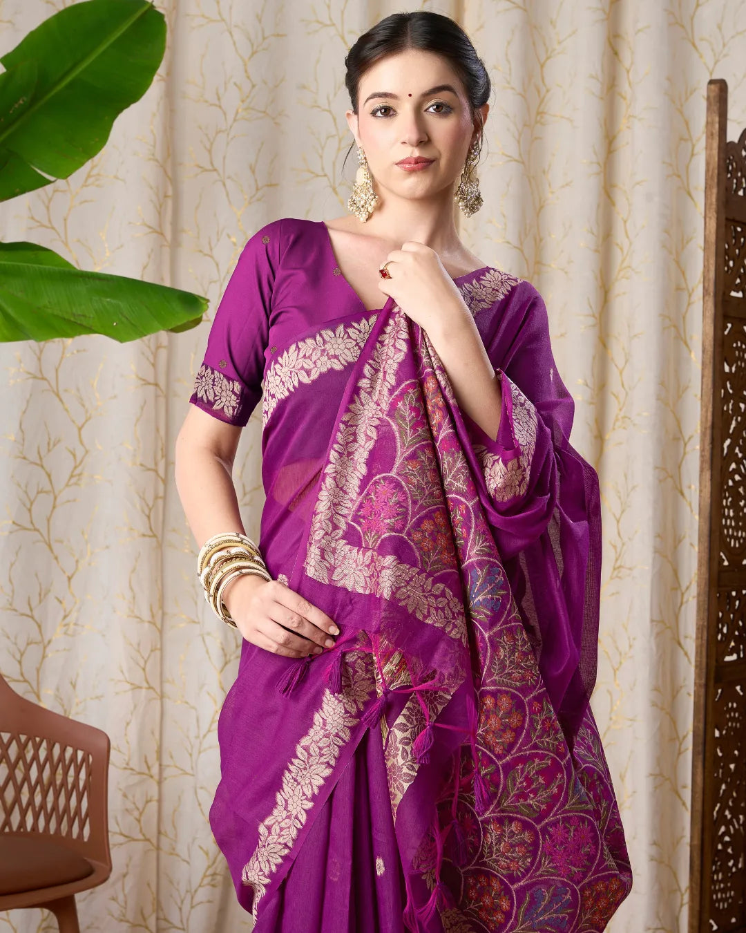 Wine Muga Cotton Jamdani Saree with Multicolour Flower Pallu