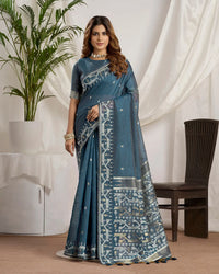 Slate Elegance – Dusty Blue Muga Cotton Saree with Tribal Weave