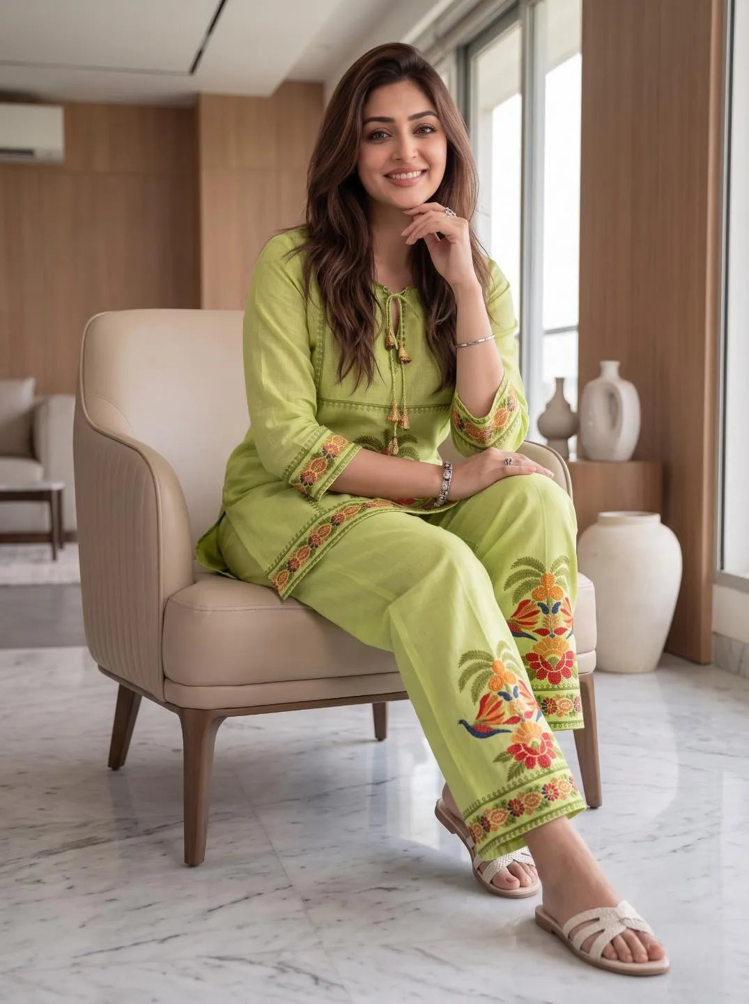 Pista Floral Muga Cotton Co-ord Set with Delicate Borders
