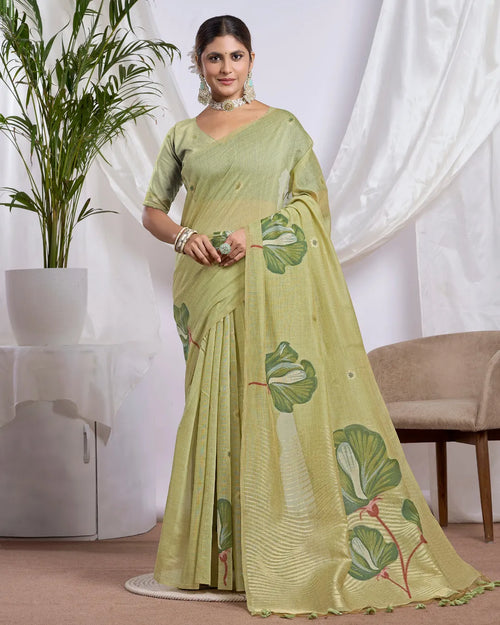 Mint Harmony – Pista Green Muga Cotton Saree with Nature Artistry