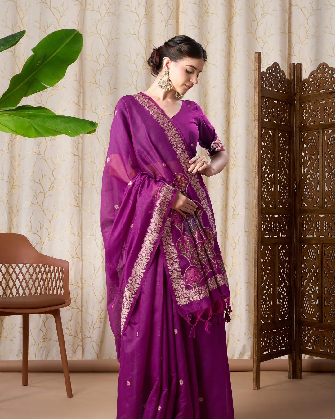 Wine Muga Cotton Jamdani Saree with Multicolour Flower Pallu