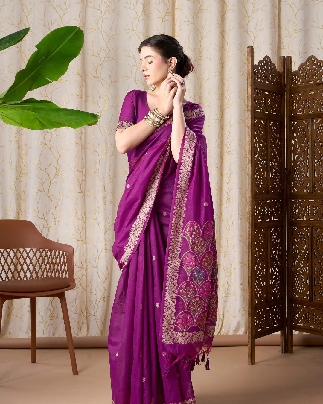 Wine Muga Cotton Jamdani Saree with Multicolour Flower Pallu