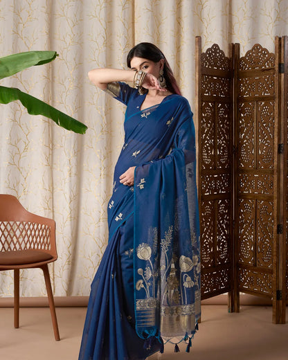 Sapphire Glow – Royal Blue Muga Cotton Jamdani Saree with Floral Pallu
