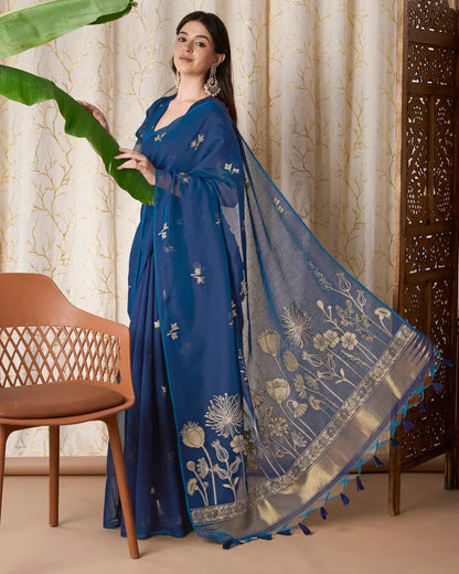 Sapphire Glow – Royal Blue Muga Cotton Jamdani Saree with Floral Pallu