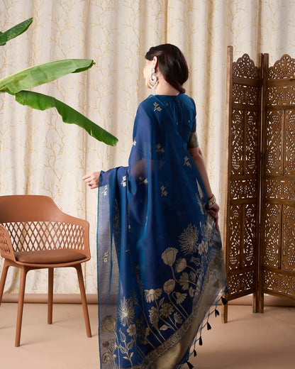 Sapphire Glow – Royal Blue Muga Cotton Jamdani Saree with Floral Pallu