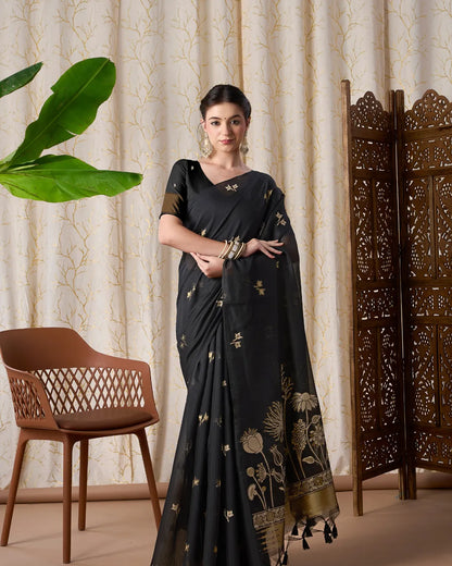 Sapphire Glow – Royal Blue Muga Cotton Jamdani Saree with Floral Pallu