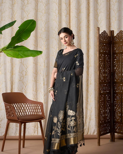 Black Muga Cotton Jamdani Saree with Floral Pallu