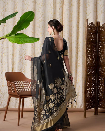 Black Muga Cotton Jamdani Saree with Floral Pallu