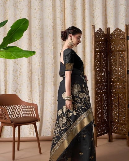 Black Muga Cotton Jamdani Saree with Floral Pallu