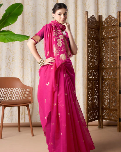 Rani Pink Muga Cotton Jamdani Saree with Floral Pallu