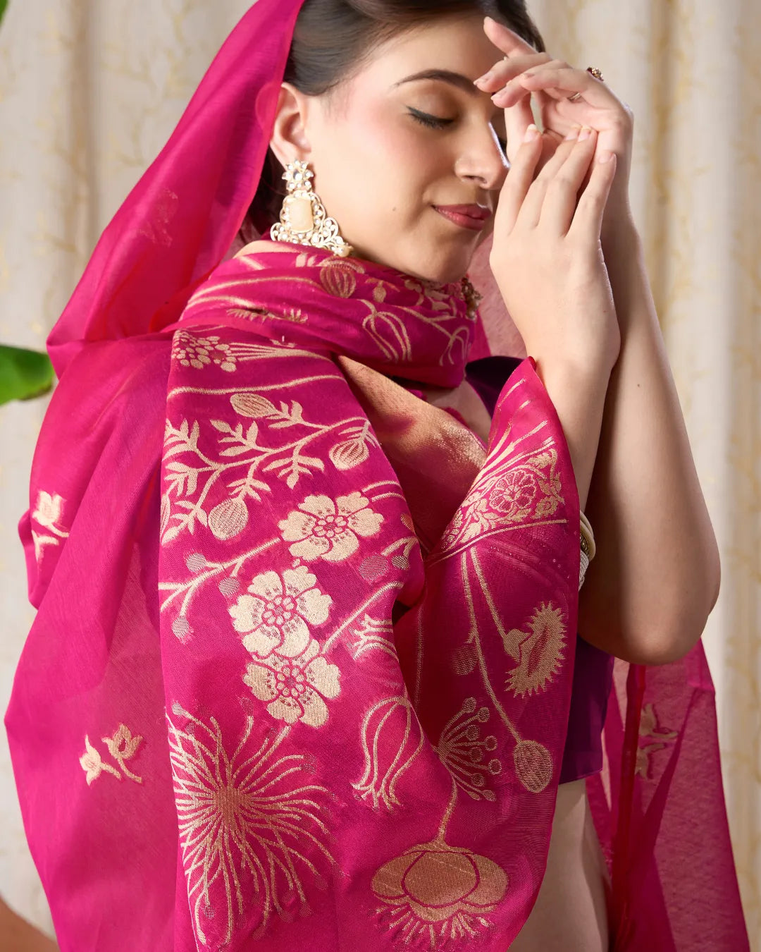 Rani Pink Muga Cotton Jamdani Saree with Floral Pallu