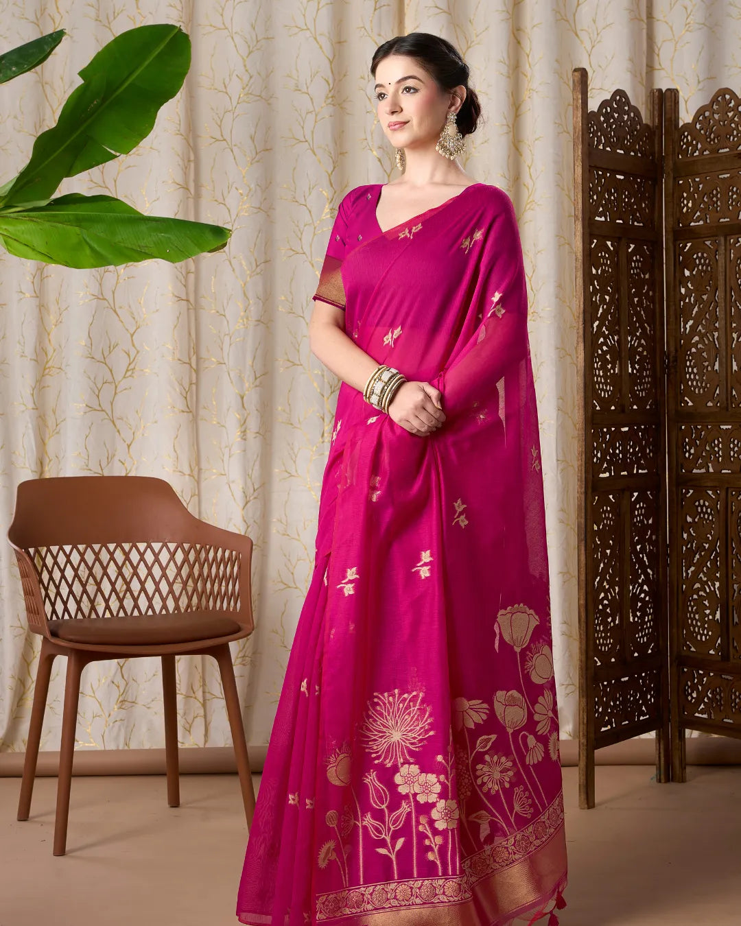 Rani Pink Muga Cotton Jamdani Saree with Floral Pallu