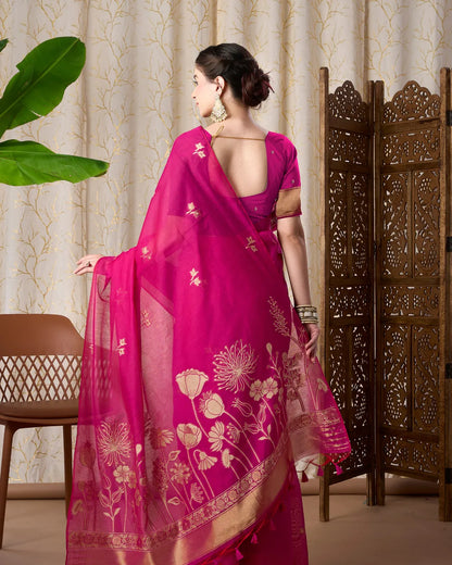 Rani Pink Muga Cotton Jamdani Saree with Floral Pallu