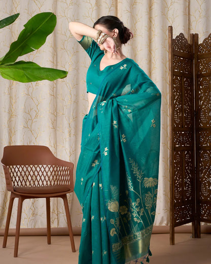 Rama Green Muga Cotton Jamdani Saree with Floral Pallu