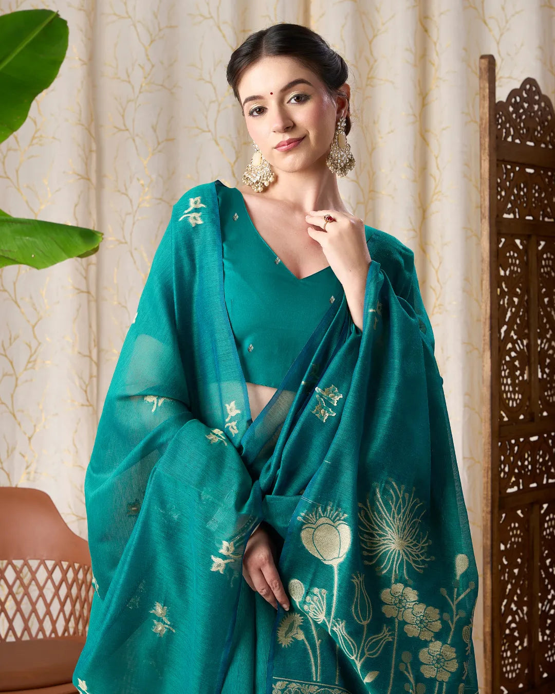 Rama Green Muga Cotton Jamdani Saree with Floral Pallu