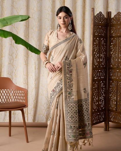 Emerald Whisper – Dark Pista Tassar Silk Saree with Jamdani Artistry