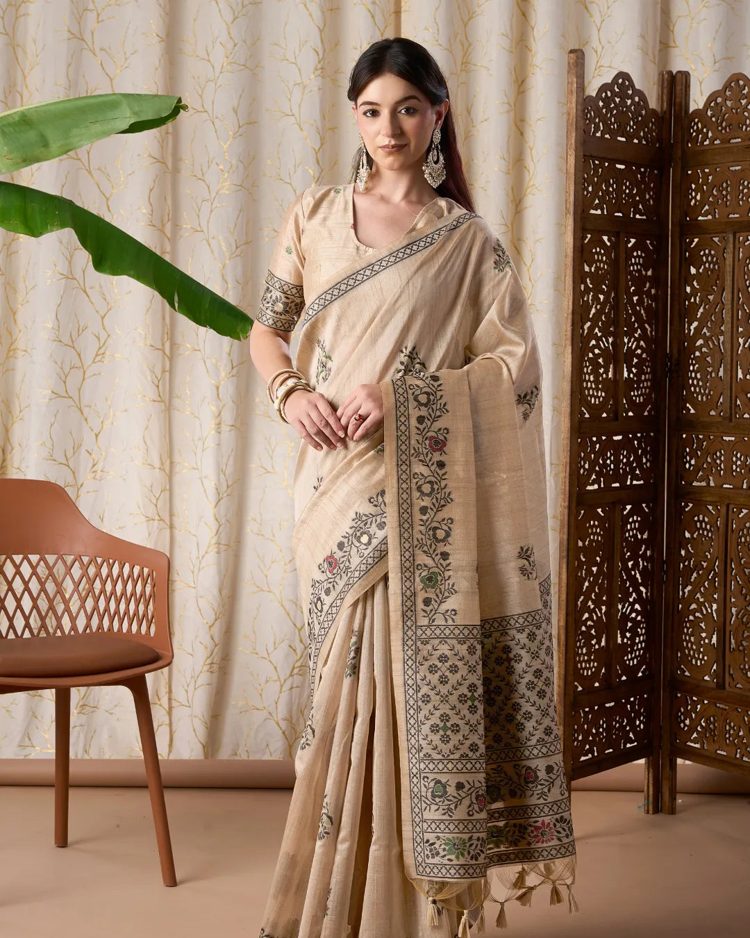 Yellow Chikoo Jamdani Tassar Silk Saree with Resham Border