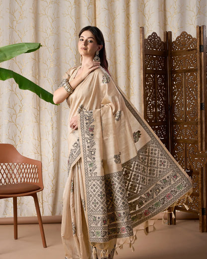 Ivory Elegance – Chikoo Tassar Silk Saree with Jamdani Artistry