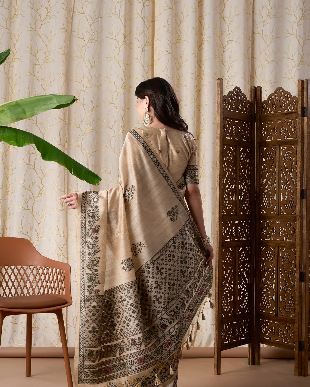 Ivory Elegance – Chikoo Tassar Silk Saree with Jamdani Artistry