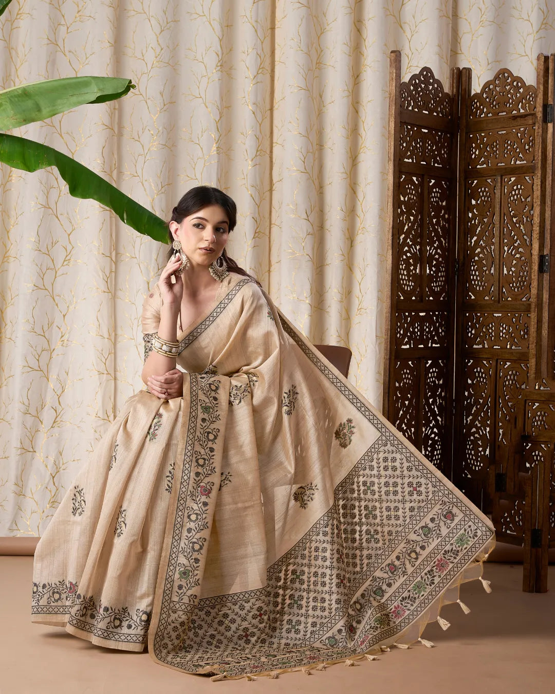 Ivory Elegance – Chikoo Tassar Silk Saree with Jamdani Artistry