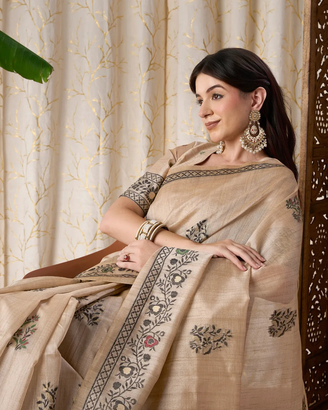Ivory Elegance – Chikoo Tassar Silk Saree with Jamdani Artistry