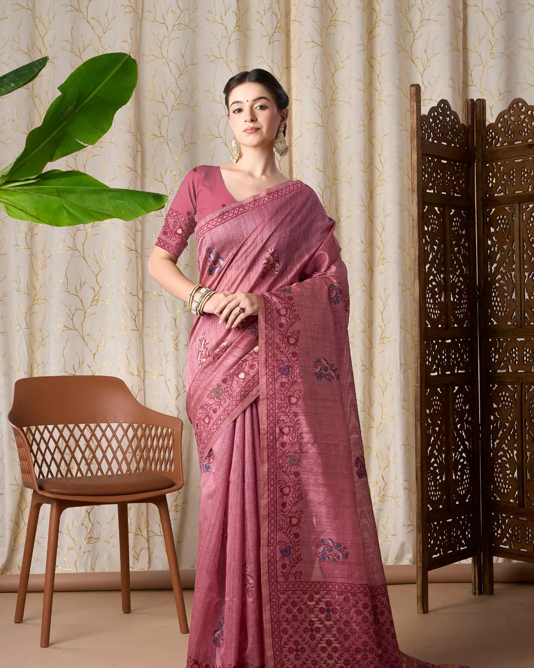 Yellow Chikoo Jamdani Tassar Silk Saree with Resham Border