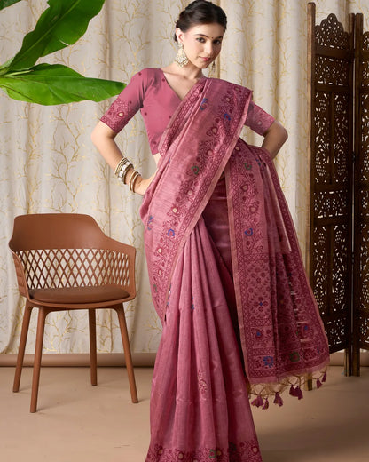 Blush Romance – Onion Tassar Silk Saree with Jamdani Artistry