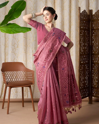 Blush Romance – Onion Tassar Silk Saree with Jamdani Artistry