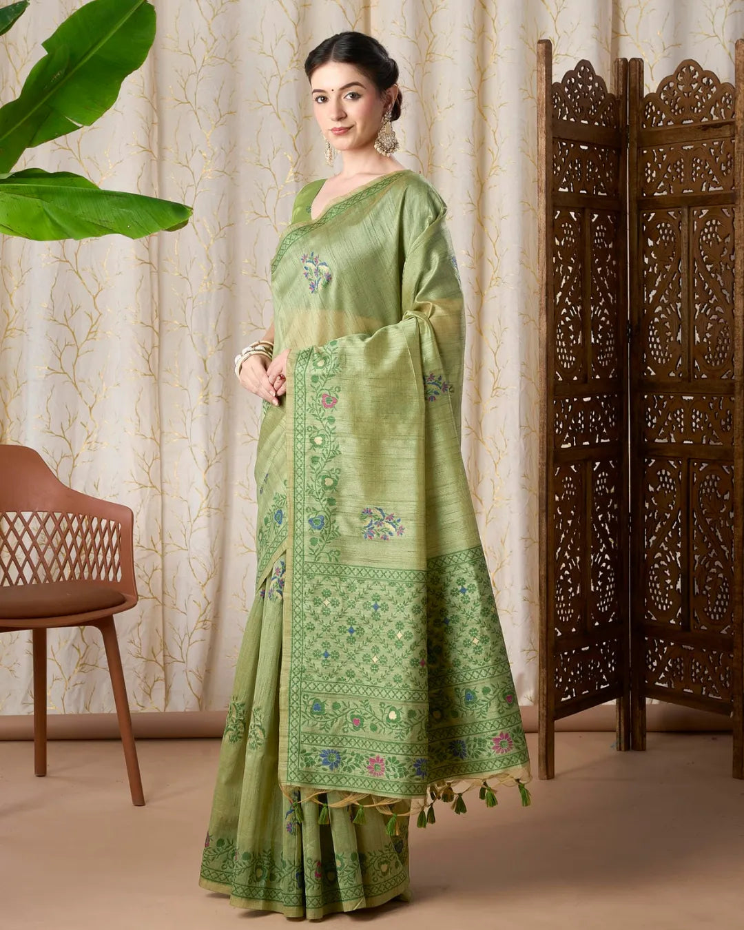 Emerald Whisper – Dark Pista Tassar Silk Saree with Jamdani Artistry