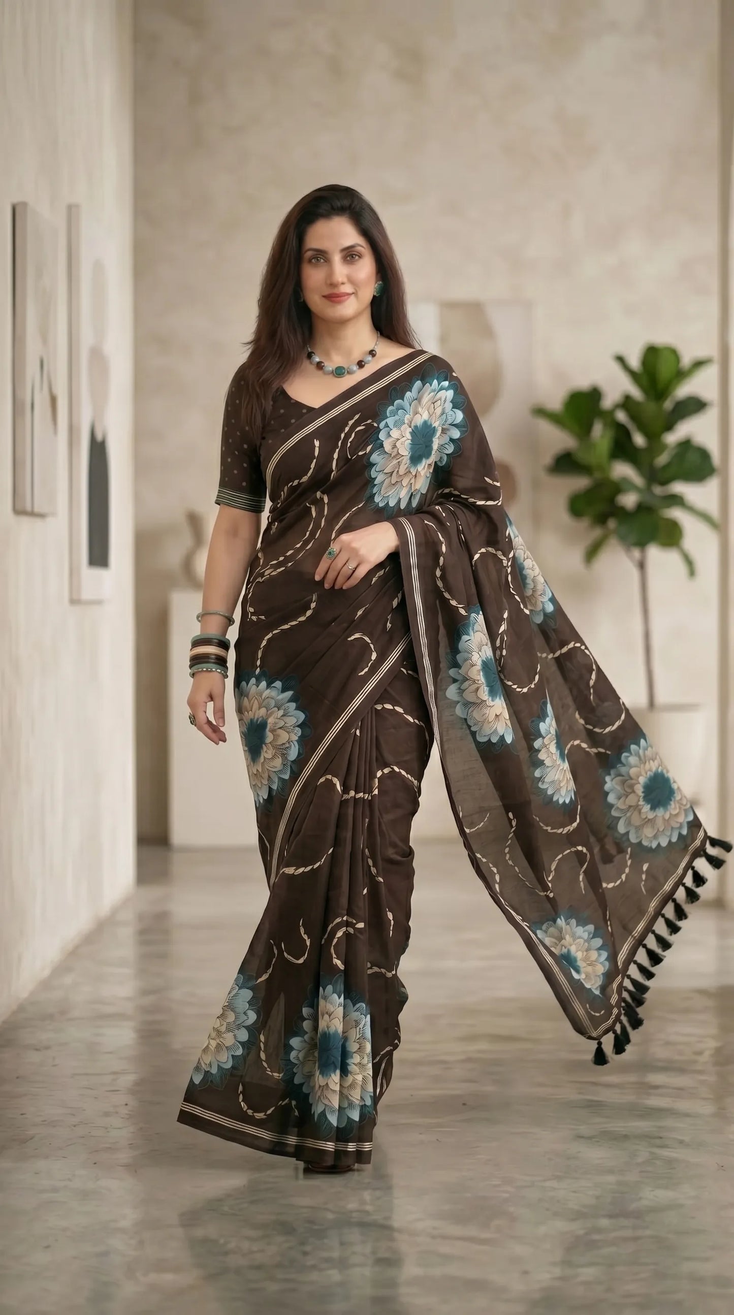 Black Floral Muga Cotton Saree with Fancy Zari Border