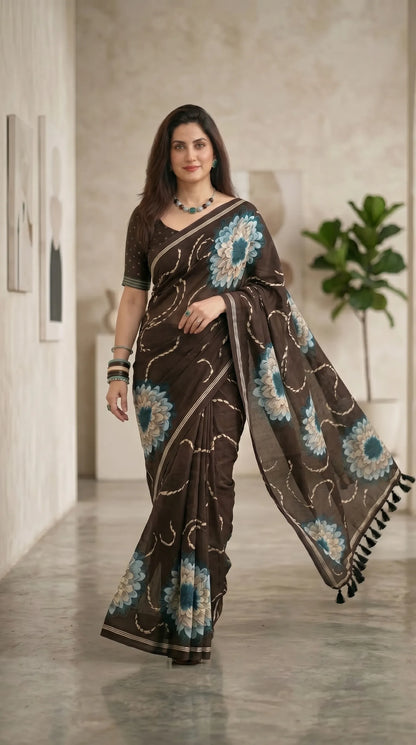 Black Floral Muga Cotton Saree with Fancy Zari Border
