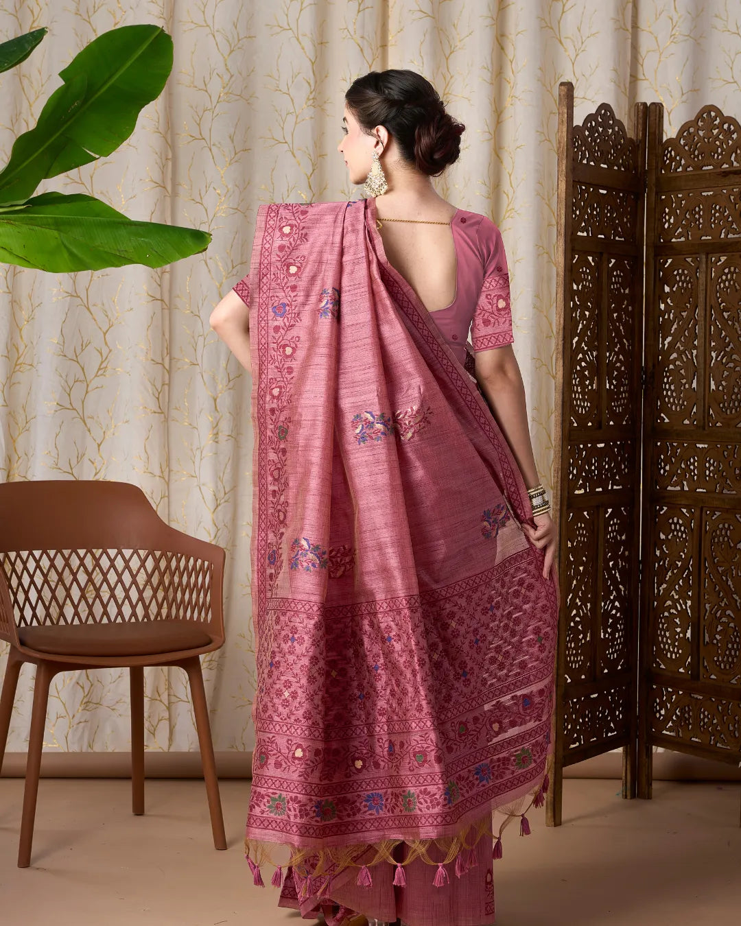 Blush Romance – Onion Tassar Silk Saree with Jamdani Artistry