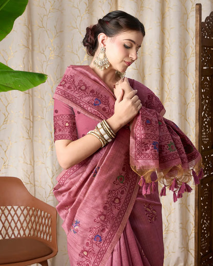 Blush Romance – Onion Tassar Silk Saree with Jamdani Artistry