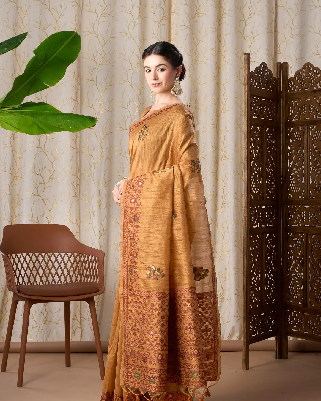 Yellow Chikoo Jamdani Tassar Silk Saree with Resham Border