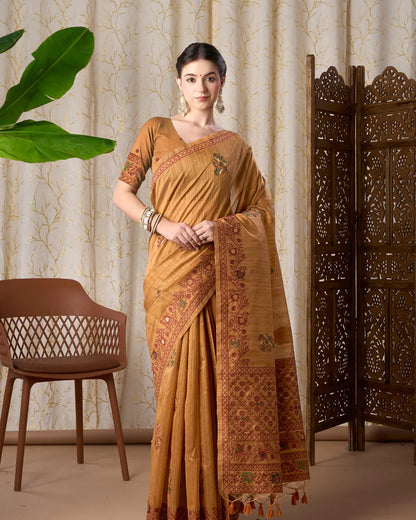 Ivory Elegance – Chikoo Tassar Silk Saree with Jamdani Artistry