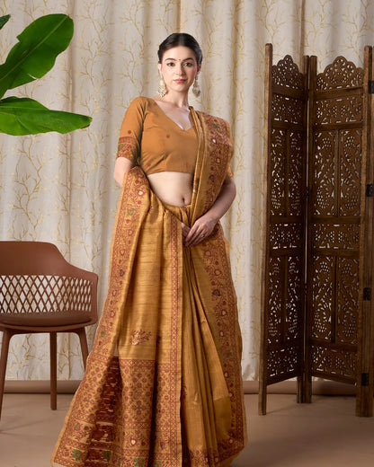Yellow Chikoo Jamdani Tassar Silk Saree with Resham Border