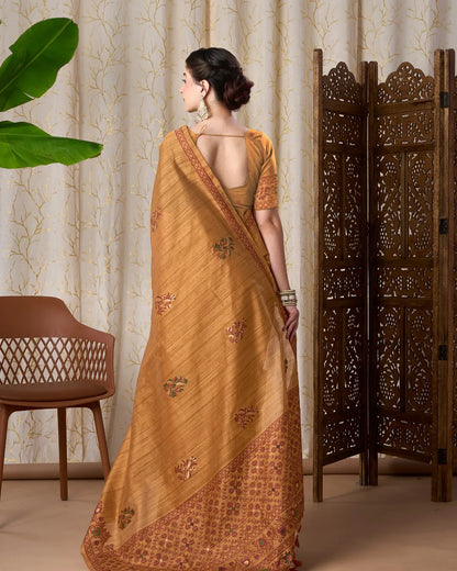 Yellow Chikoo Jamdani Tassar Silk Saree with Resham Border