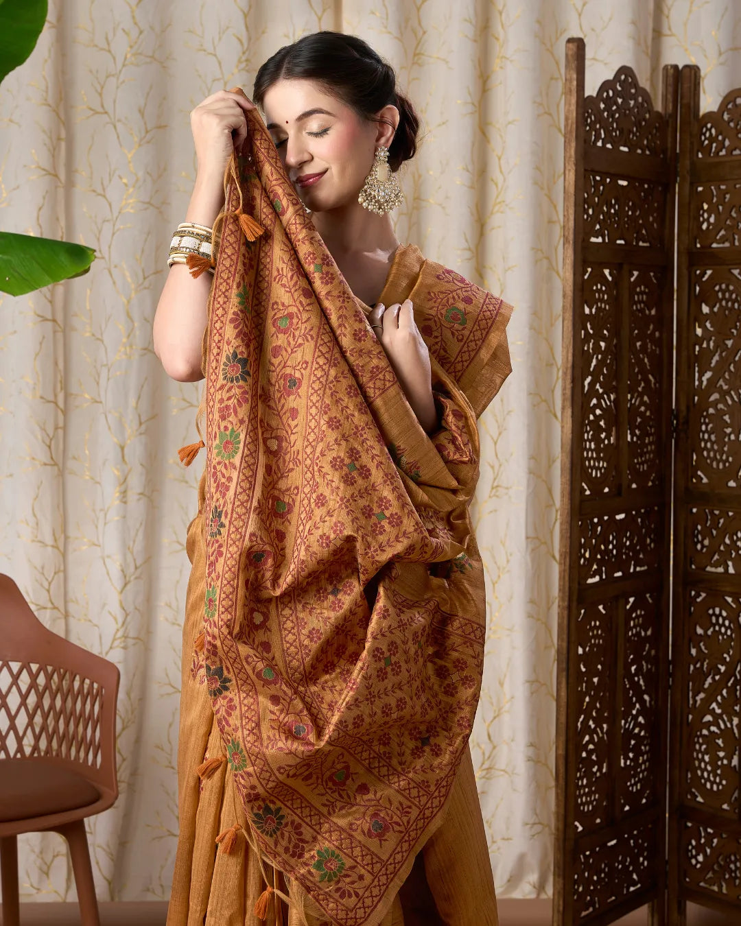 Yellow Chikoo Jamdani Tassar Silk Saree with Resham Border