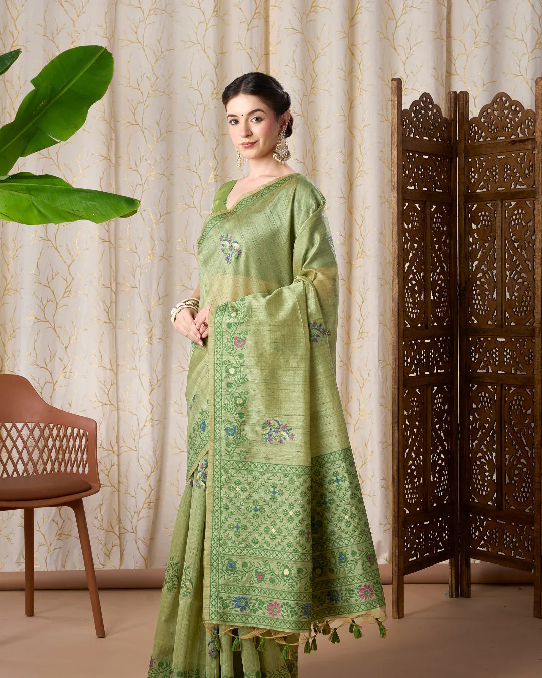 Yellow Chikoo Jamdani Tassar Silk Saree with Resham Border