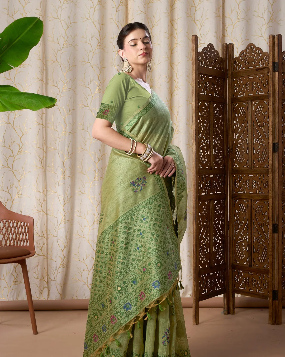 Emerald Whisper – Dark Pista Tassar Silk Saree with Jamdani Artistry