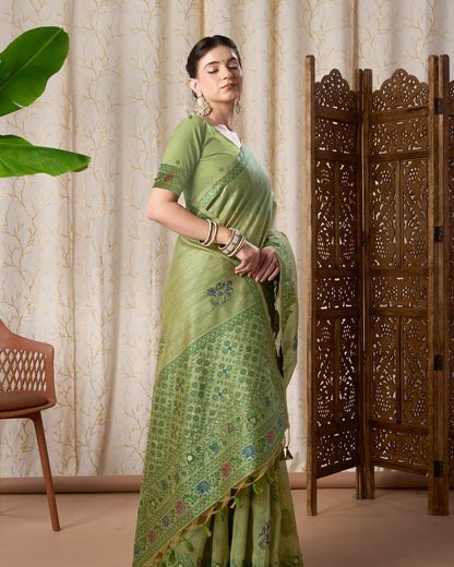 Emerald Whisper – Dark Pista Tassar Silk Saree with Jamdani Artistry