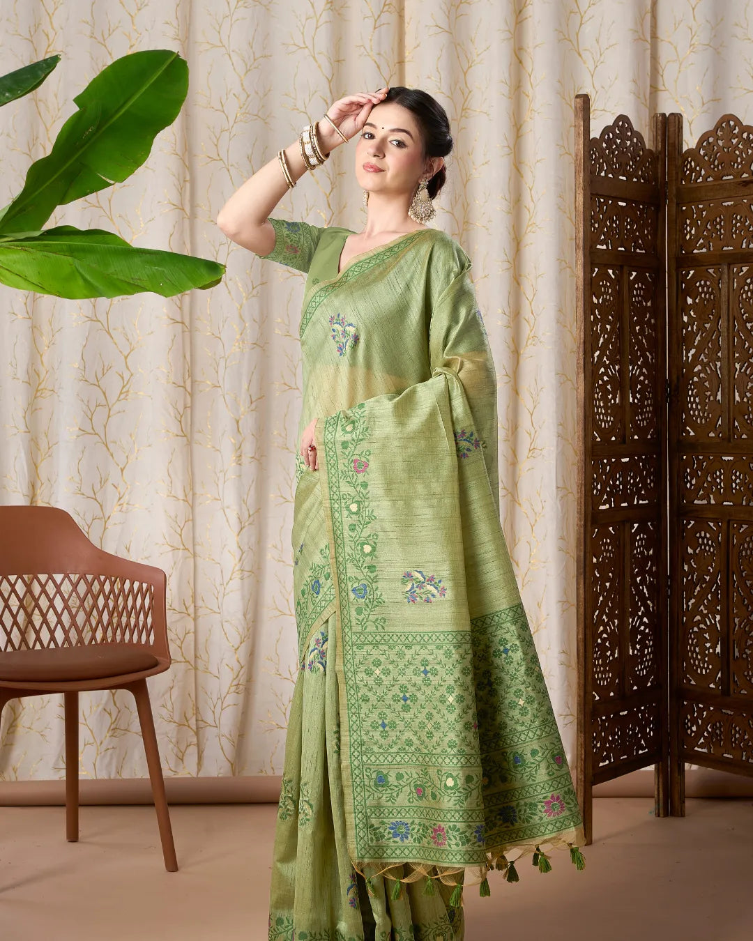 Emerald Whisper – Dark Pista Tassar Silk Saree with Jamdani Artistry