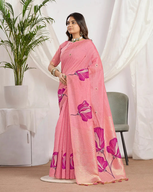 Blush Bloom – Pink Muga Cotton Saree with Botanical Artistry