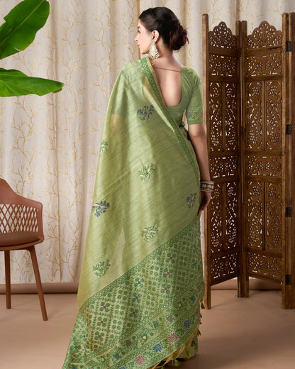 Emerald Whisper – Dark Pista Tassar Silk Saree with Jamdani Artistry