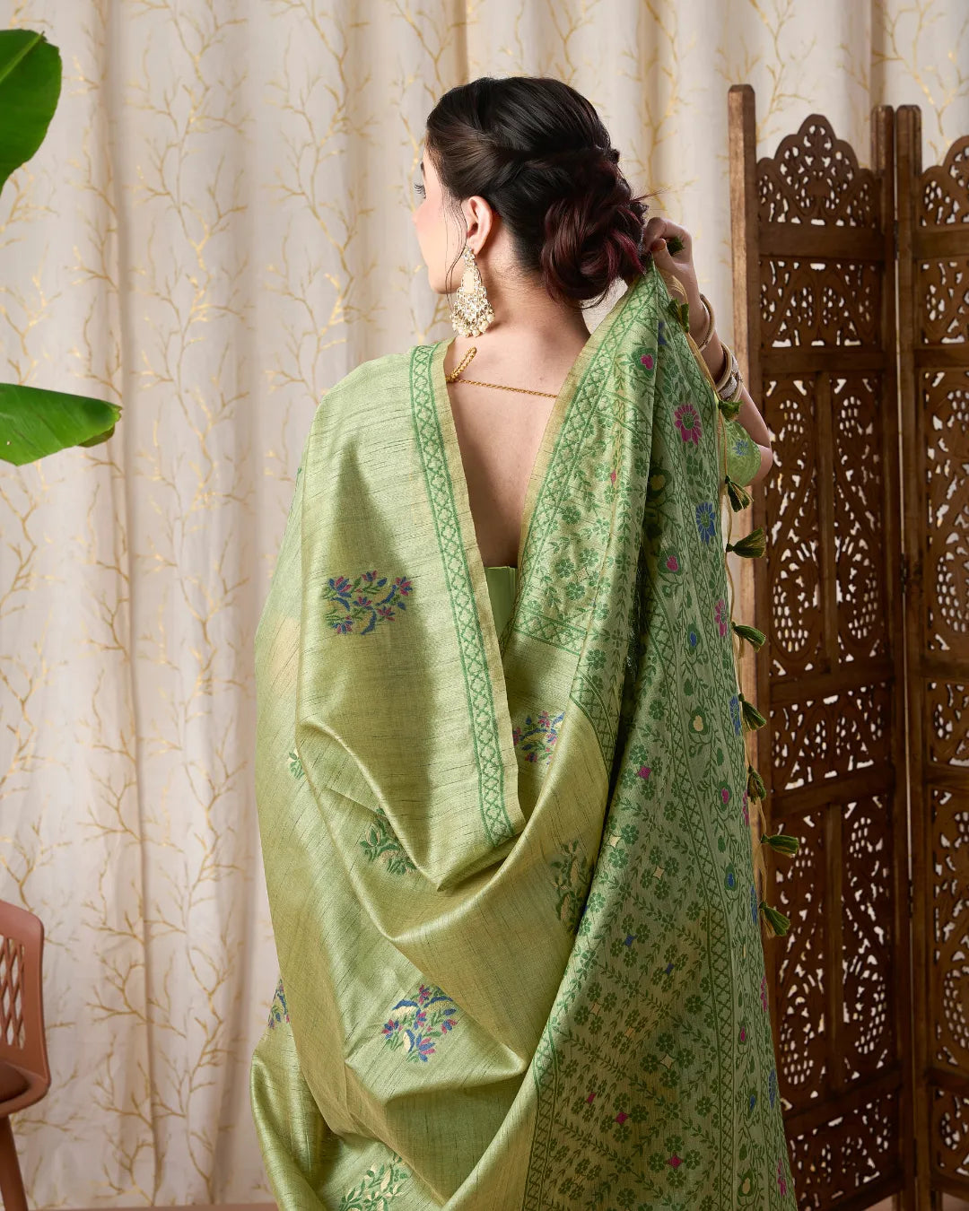 Emerald Whisper – Dark Pista Tassar Silk Saree with Jamdani Artistry